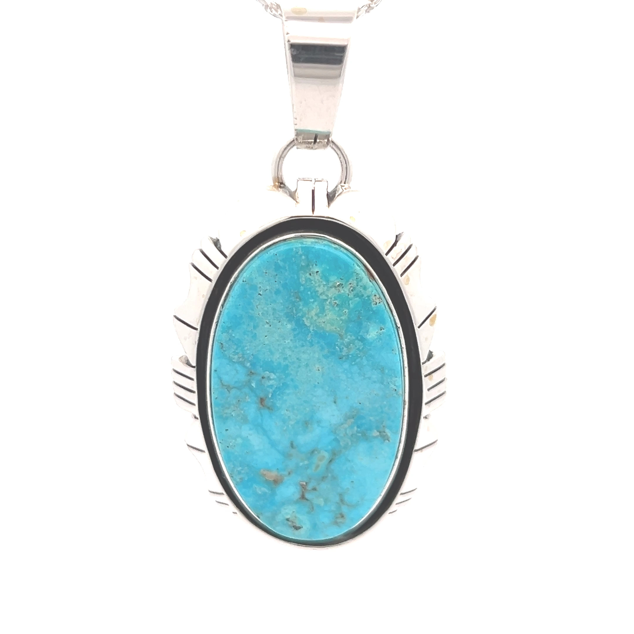 Exquisite Native American Navajo Signed Kingman Turquoise Sterling Silver Pendant