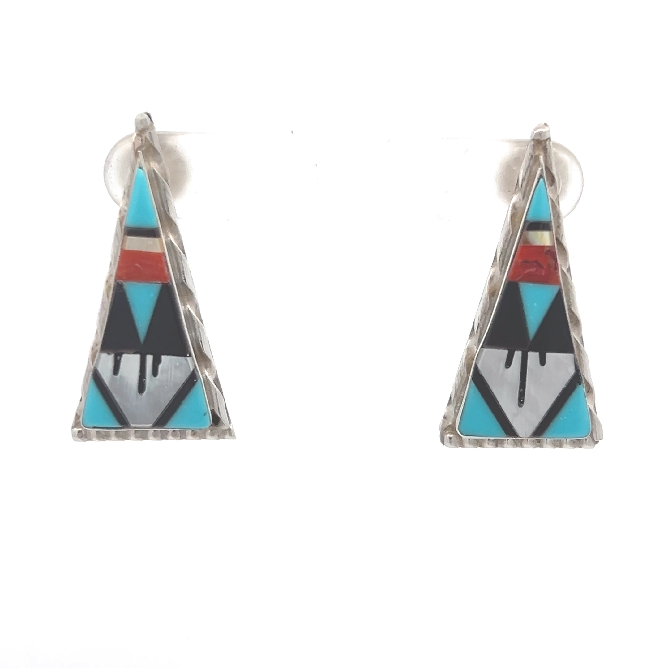 Important Zuni Native American Turquoise Inlay Sterling Silver Earrings