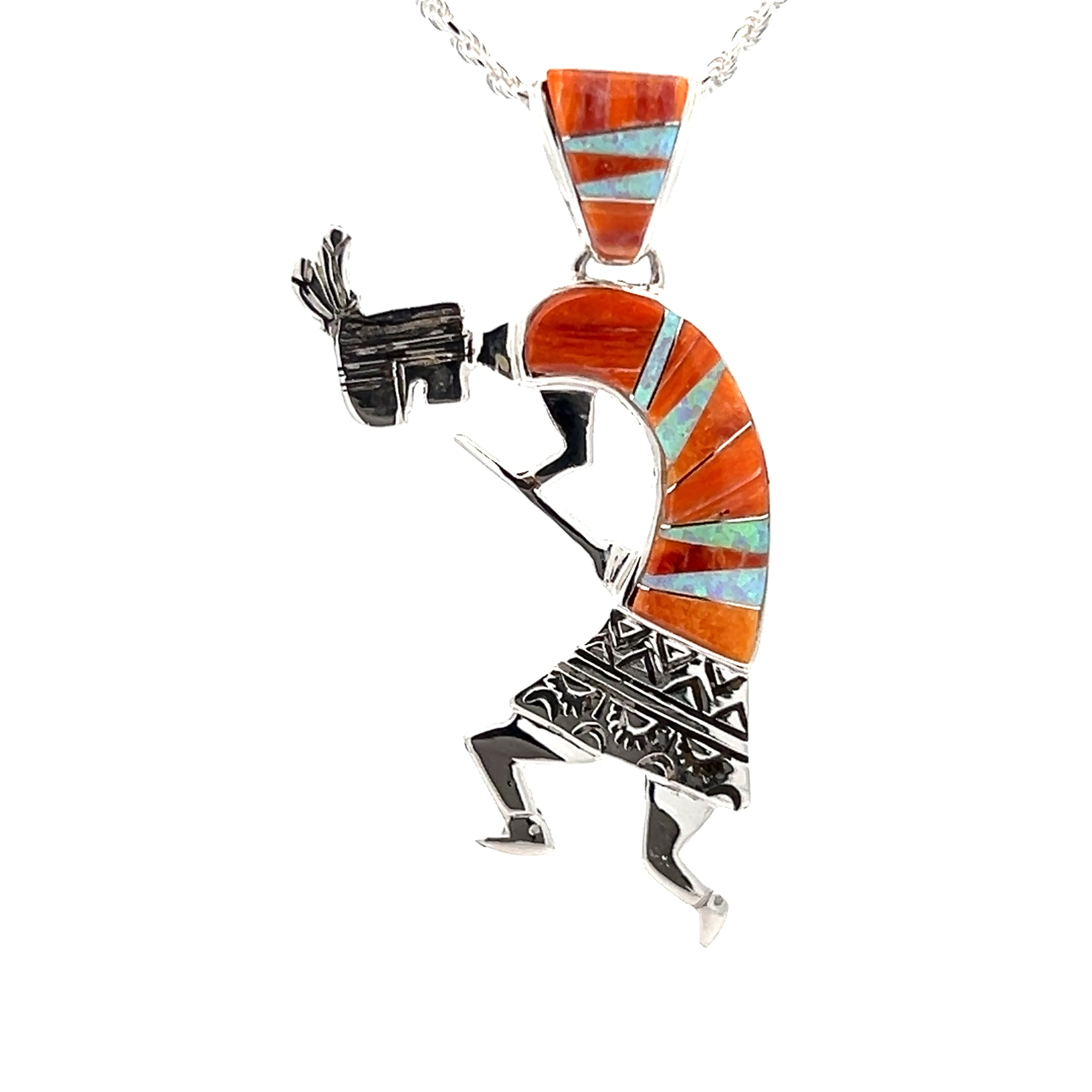 Unique Navajo Native American Spiny Oyster Sterling Silver Kokopelli Necklace