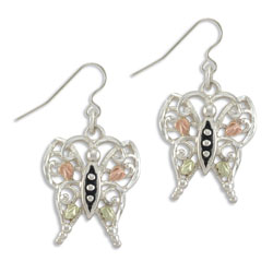 Landstrom's Black Hills Gold Shepherd Hook Earrings. Sterling Silver Dangle Earrings featuring a Beautiful Butterfly Design with 12K Gold Leaves. Landstrom's - The Original Black Hills Gold, Since 1878.