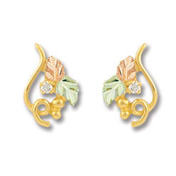 Landstrom's Black Hills Gold Post Earrings. 10K Gold Earrings featuring Beautiful 12K Gold Leaves and .04TWT Diamonds. 14K Gold Post and Backs. Landstrom's - The Original Black Hills Gold, Since 1878.