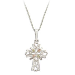 Landstrom's Black Hills Gold Cross Pendant. Sterling Silver Filigree Cross Pendant featuring Beautiful 12K Gold Leaves. Free 18