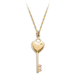 Landstrom's Black Hills Gold Key to My Heart Pendant. 10K Gold Key Pendant featuring Beautiful 12K Gold Leaves and .02TWT Diamond. Free 18" Gold Filled Chain with purchase of Pendant. Landstrom's - The Original Black Hills Gold, Since 1878.