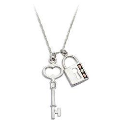 Landstrom's Black Hills Gold Lock and Key Pendant. Sterling Silver Antiqued Lock and Key to My Heart Pendant featuring Beautiful 12K Gold Leaves. Free 18" Rhodium Plated Sterling Silver Chain with purchase of Pendant. Landstrom's - The Original Black Hills Gold, Since 1878.