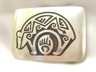 Authentic Native American Jewelry. Sterling Silver Belt Buckle with Bear Design. Signed by the Navajo Artist SG.