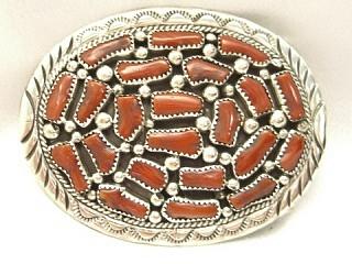 Authentic Native American Jewelry. Beautiful Blood Red Coral set in Sterling Silver. Navajo Made Belt Buckle.