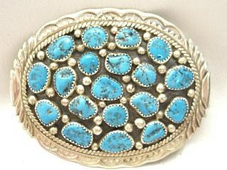 Authentic Native American Jewelry. Genuine Sleeping Beauty Turquoise set in Sterling Silver. Belt Buckle signed M by the Navajo Artist.