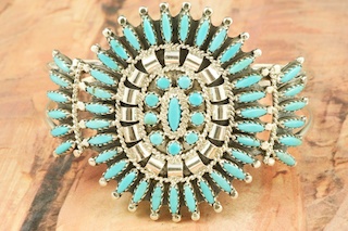 Genuine Sleeping Beauty Turquoise set in Sterling Silver Bracelet. Beautiful Petit Point Design. Created by Navajo Artist Rosemary Nez.

