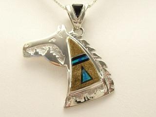 Genuine Picture Jasper and Black Jade inlaid in Sterling Silver Pendant. Beautiful Horse Design featuring Fire & Ice Lab Opal Accents. Free 18