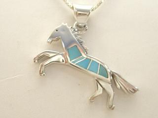 Native American Jewelry Genuine Turquoise inlaid in Sterling silver Pendant. Galloping Horse Design. Free 18