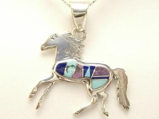 Genuine Turquoise, Sugilite and Blue Lapis inlaid between ribbons of Sterling Silver. Beautiful Horse Pendant. Free 18