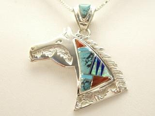 Genuine Turquoise, Spiny Oyster Shell and Blue Lapis inlaid in Sterling Silver Horse Pendant. Beautiful Fire and Ice Lab Opal Accents. Precision inlay on the Bale and Pendant. Free 18
