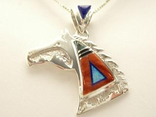 Genuine Spiny Oyster Shell, Turquoise, Black Jade and Blue Lapis inlaid in Sterling Silver Horse Pendant. Beautiful Fire and Ice Lab Opal Accents. Precision inlay on the Bale and Pendant. Free 18