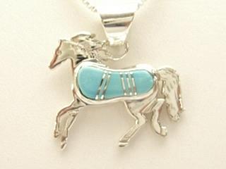 Genuine Turquoise inlaid in Sterling Silver Horse Pendant. Free 18