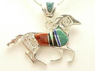 Genuine Turquoise, Spiny Oyster Shell and Black Jade inlaid in Sterling Silver Horse Pendant. Fire and Ice Lab Opal Accents. Beautiful inlay work on the bail and pendant. Free 18