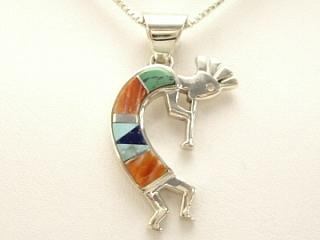 Genuine Turquoise and Spiny Oyster Shell inlaid in Sterling Silver Kokopelli Pendant. Free 18
