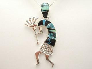 Genuine Turquoise and Black Jade inlaid in Sterling Silver Kokopelli Pendant. Beautiful Fire and Ice Lab Opal Accents. Precision inlay on the bale and the pendant. Free 18