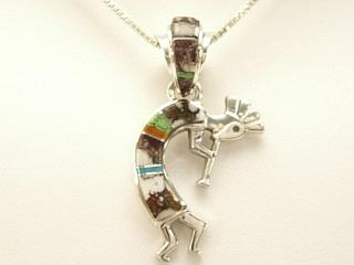 Genuine Wild Horse, Turquoise and Coral inlaid between ribbons of Sterling Silver. Beautiful Kokopelli Pendant with Free 18