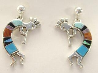 Genuine Turquoise, Suglite and Blue Lapis inlaid in Sterling Silver Post Earrings. Kokopelli Design. Created by Navajo Artist Calvin Begay and Valerie Yazzie. Signed.