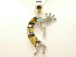 Genuine Picture Jasper, Wild Horse and Turquoise inlaid in Sterling Silver. Koppeli Pendant with Beautiful channel inlay work on the bale and Sterling Silver Pendant. Created by Navajo Artist Calvin Begay. Signed.