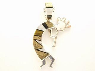 Genuine Picture Jasper, Tiger's Eye and Mother of Pearl inlaid in Sterling Silver. Kokopelli Pendant with Beautiful channel inlay work on the bale and Sterling Silver Pendant. Designed by Navajo Artist Calvin Begay. Signed.