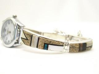 Genuine Picture Jasper, Mother of Pearl and Black Jade inlaid in Sterling Silver. Stunning Watch Bracelet with Beautiful Fire & Ice Lab Opal Accents. Created by Navajo Artist Calvin Begay. 