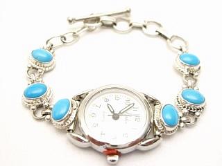 Genuine Sleeping Beauty Turquoise set in Sterling Silver. The Sleeping Beauty Turquoise mine is located in Gila County, Arizona. Ladies Watch Bracelet Created by Navajo Artist Geneva Chavez. 
