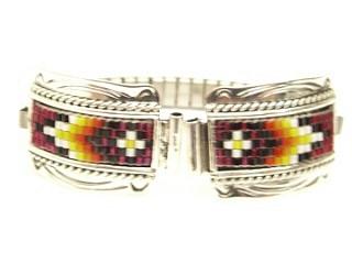 Beautiful Seed Beads set in Sterling Silver. Ladies Watch Tips with expandable band. Created by Navajo Artist Geraldrita Whitethorne. Signed.