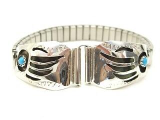 Genuine Turquoise set in Sterling Silver. Ladies Watch Tips with expandable band. Beautiful Bear Paw Design. Created by Navajo Artist Pearlene Spencer.