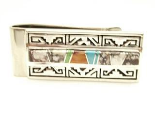 Genuine Turquoise, Spiny Oyster Shell and Wild Horse inlaid between ribbons of Sterling Silver. Stunning Sterling Silver Money Clip. Created by Navajo Artist Calvin Begay. Signed.
