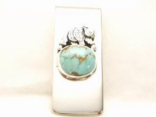 Authentic Native American Jewelry. Beautiful Contempory Design with Genuine Turquoise and Coral set in Sterling Silver and set on a Nickel Silver Money Clip. Created by Navajo Artist Shirley Skeets.
