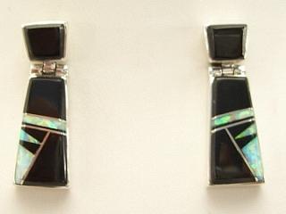Genuine Black Jade and Fire & Ice Lab Opals inlaid between ribbons of Sterling Silver. Beautiful Sterling Silver Post Earrings feature precision channel inlay. Created by Navajo Artist Calvin Begay. Signed.
