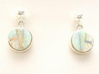 Beautiful Fire & Ice Lab Opals inlaid between ribbons of Sterling Silver. Sterling Silver Post Earrings feature precision channel inlay. Created by Navajo Artist Calvin Begay. 