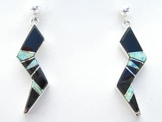 Beautiful Fire and Ice Lab Opals and Genuine Black Jade inlaid in Sterling Silver Post Earrings. Stunning Earrings Created by Navajo Artist Calvin Begay. Signed. 
