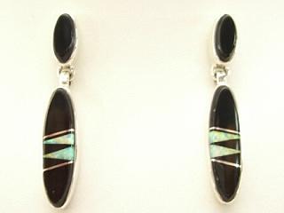 Genuine Black Jade and Fire & Ice Lab Opals inlaid between ribbons of Sterling Silver. Beautiful Sterling Silver Post Earrings feature precision channel inlay. Designed by Navajo Artist Calvin Begay. Signed. 
