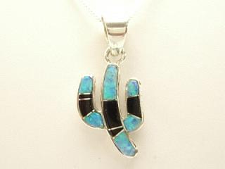 Beautiful Fire and Ice Lab Opals and Genuine Black Jade inlaid in Sterling Silver. Stunning Cactus Design Pendant. Free 18