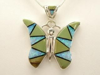 Genuine Mohave Turquoise, Black Jade and Beautiful Fire & Ice Lab Opals inlaid between ribbons of Sterling Silver. Precision channel inlay on the bale and pendant. Free 18
