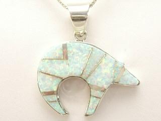 Fire & Ice Lab Opals inlaid between ribbons of Sterling Silver. Bear Pendant features beautiful inlay work. Free 18