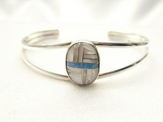 Genuine Mother of Pearl and Fire & Ice Lab Opals inlaid in Sterling Silver Bracelet. Navajo Made.