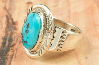 Genuine Sleeping Beauty Turquoise set in Sterling Silver Ring. The Sleeping Beauty Turquoise mine is located in Gila County, Arizona. Created by Navajo Artist Kathy Yazzie. Signed by the artist.