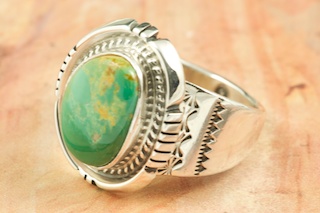 Genuine Pilot Mountain Turquoise set in Sterling Silver Ring. The Pilot Mountain Mine is located in Esmeralda County, Nevada. Created by Navajo Artist Phillip Sanchez. Signed by the artist.