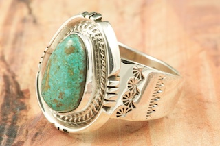 Genuine Pilot Mountain Turquoise set in Sterling Silver Ring. The Pilot Mountain Mine is located in Esmeralda County, Nevada. Created by Navajo Artist Phillip Sanchez. Signed by the artist.
