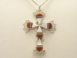 Genuine Mother of Pearl, Coral and Turquoise inlaid in Sterling Silver. Free 18
