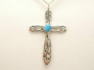 Genuine Sleeping Beauty Turquoise set in Sterling Silver Cross Pendant. Free 18