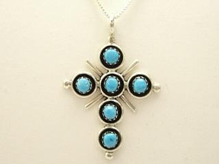 Genuine Sleeping Beauty Turquoise set in Sterling Silver Cross Pendant. Free 18