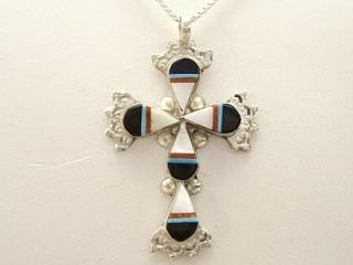 Zuni Jewelry Genuine Mother of Pearl, Turquoise, Jet and Coral set in Sterling Silver Cross Pendant. Created by Zuni Artist Alton Nastacio.