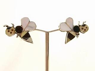 Genuine Mother of Pearl, Gold Lip, Jet and Turquoise inlaid in Sterling Silver Post Earrings. Beautiful Bumblebee Design. Created by Zuni Artist Angus Ahiyite. Signed