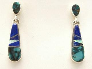 Genuine Turquoise and Blue Lapis inlaid between ribbons of Sterling Silver. Beautiful Fire and Ice Lab Opal Accents. Sterling Silver Post Earrings feature precision channel inlay. Created by Navajo Artist Calvin Begay. 