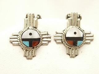 Genuine Mother of Pearl, Coral, Jet and Sleeping Beauty Turquoise inlaid in Sterling Silver Clip on Earrings. Zuni Sunface Design. Created by a member of the Zuni Tribe. The Zuni Pueblo is located in New Mexico.