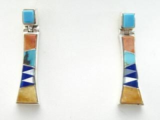 Genuine Turquoise, Blue Lapis and Spiny Oyster Shell inlaid between ribbons of Sterling Silver. Beautiful Sterling Silver Post Earrings feature precision channel inlay. Designed by Navajo Artist Calvin Begay.  Signed.
